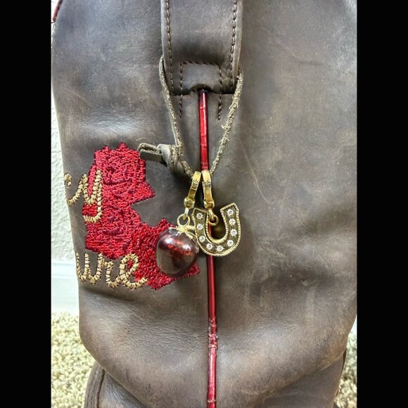 Juicy Couture Y2K Brown Cowboy Boots Leather Roses Western Cottagecore Charms 8M - Picture 3 of 8
